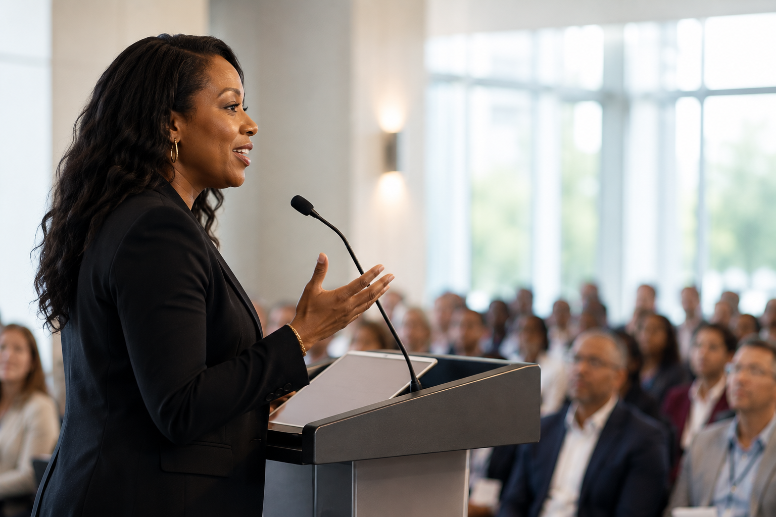Executive delivering a keynote from the podium